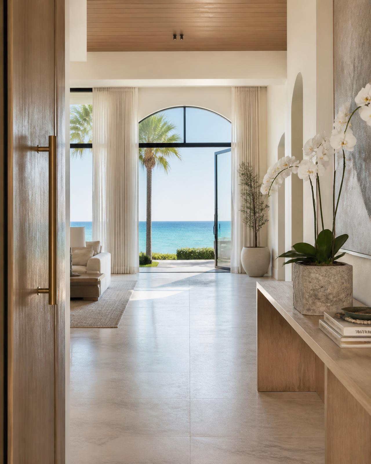 White oak and brass detail in a light-filled coastal home entry with an ocean view